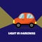 Passenger car flat icon and head lamp light. Light in darkness poster.