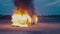 Passenger car on the street is engulfed in flames and completely burns to ashes.