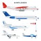 Passenger and cargo airplane, set. Airplanes, side view. Modern types of planes. Vector illustration.