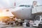 Passenger commercial aircraft, view of the cockpit. Flight service after arriving at the airport