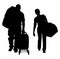 Passenger couple with luggage walking at airport vector silhouette. Traveler with many bags go home. Man and woman carry baggage.