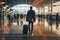 In the passenger departure terminal, a businessman walks with his suitcase, seen from behind