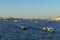 Passenger ferry ship on the Gulf Golden Horn, Sea front landscape of Istanbul historical part, Turkey famous city.