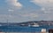 Passenger ferry ship on the Gulf Golden Horn, Sea front landscape of Istanbul historical part, Turkey famous city.