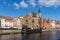 Passenger harbor on the MotÅ‚awa River - a replica of a galleon as a cruise ship at Dlugie Pobrzeze in old town of Gdansk