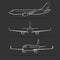 Passenger jet aircraft silhouettes, contours, outlines. Side, front, perspective view of modern airplane in flight