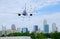 Passenger jet airliner plane with birds in front of it during taking off