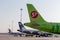 Passenger jets of S7 Airlines and Aurora Airlines on airfield. Airplane fuselages. Aviation and transportation