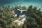 passenger light plane flies low over jungle and tropical beach