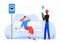 Passenger people wait in bus stop vector illustration, cartoon flat man woman characters waiting for bus public