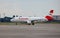 Passenger plane AUSTRIAN airline. European low-cost. Airport apron. Aircraft OE-LBP Airbus A320-214. Austria airplane