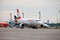 Passenger plane AUSTRIAN airline. European low-cost. Airport apron. Aircraft OE-LBP Airbus A320-214. Austria airplane