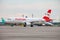 Passenger plane AUSTRIAN airline. European low-cost. Airport apron. Aircraft OE-LBP Airbus A320-214. Austria airplane