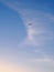 The passenger plane in the distance flies towards the sunset. Blue sky and white clouds. Vertical illustration of the resumption