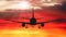 Passenger plane is flying, against the background of sunset. Airplane silhouette vector..