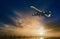 Passenger plane flying on beautiful dusky sky
