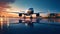 Passenger plane on the runway. Airplane landing against sunset background. Air passenger transportation