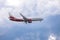 Passenger plane in the sky among the clouds. The aircraft is landing with the landing gear extended.