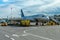 A passenger plane is standing at the airport in a parking space awaiting departure, the process of preparing for the flight is in