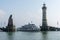 Passenger ship enters the protected harbor on Lindau Island on Lake Constance in Bavaria