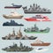 Passenger ships and battleships. Submarine destroyer in the sea. Water boats vector illustrations in flat style