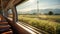 Passenger train with panoramic view moving fast against green field view. Generative AI