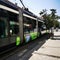 A passenger tram that is stopped at a train station