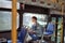 Passenger traveler looking at window in bus, man tourist sitting