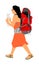 Passenger woman with luggage walking to airport and reads local map vector. Traveler girl with backpack go home. Lady carry bag.