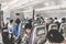 Passengers air travellers sitting in airplane cabin during inflight service