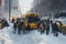 Passengers and bus stuck on snowy street in city