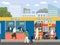 Passengers buying tickets at bus station, flat vector illustration. Intercity bus stop terminal with tourists