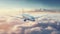 Passengers commercial airplane flying above clouds