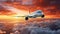 Passengers commercial airplane flying above clouds sunset