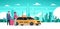 Passengers Couple Order Yellow Taxi Service Sit In Car Cab Over Silhouette City Background