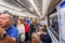 Passengers crowded inside a St Petersburg Metro train carriage in St Petersburg, Russia