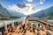 Passengers enjoy the view cruising into port along the bay of Kotor Montenegro