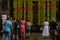 Passengers looking at the electronic departures and arrivals board in the main train station of Kiev