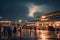 Passengers outside an airport during a delay caused by a lightning storm.