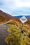 A passing place sign in the remote road somewhere in Highlands, Scotland, UK