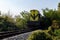 Passing a railway yellow diesel locomotive