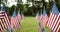 Passing through rows of slow waving US American flags blowing in the wind. Patriotic concept for USA holidays, 4th of July,