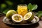 passion fruit is a healthy snack mixed with passionfruit juice, in the style of bentwood, nature\\\'s wonder