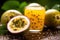 passion fruit is a healthy snack mixed with passionfruit juice, in the style of bentwood, nature\\\'s wonder
