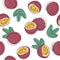 Passion fruit seamless pattern. Hand drawn brush grunge exotic fruit background. Colorful fruits