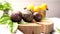 Passion fruits on wooden tray