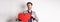 Passionate handsome man showing heart pounding gesture with red valentines cutout, standing in suit and searching for