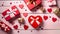 Passionate Love: Valentine\\\'s Day Flat Lay Concept Featuring Toy Hearts and Gift Boxes on a Wooden Table in Red