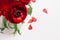 Passionate red flowers in white vase with petals closeup on wood background. Spring floral background.