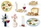 Passover design elements watercolor illustration set. Jewish Pesach food, seder plates with matzah, Haggadah, wine